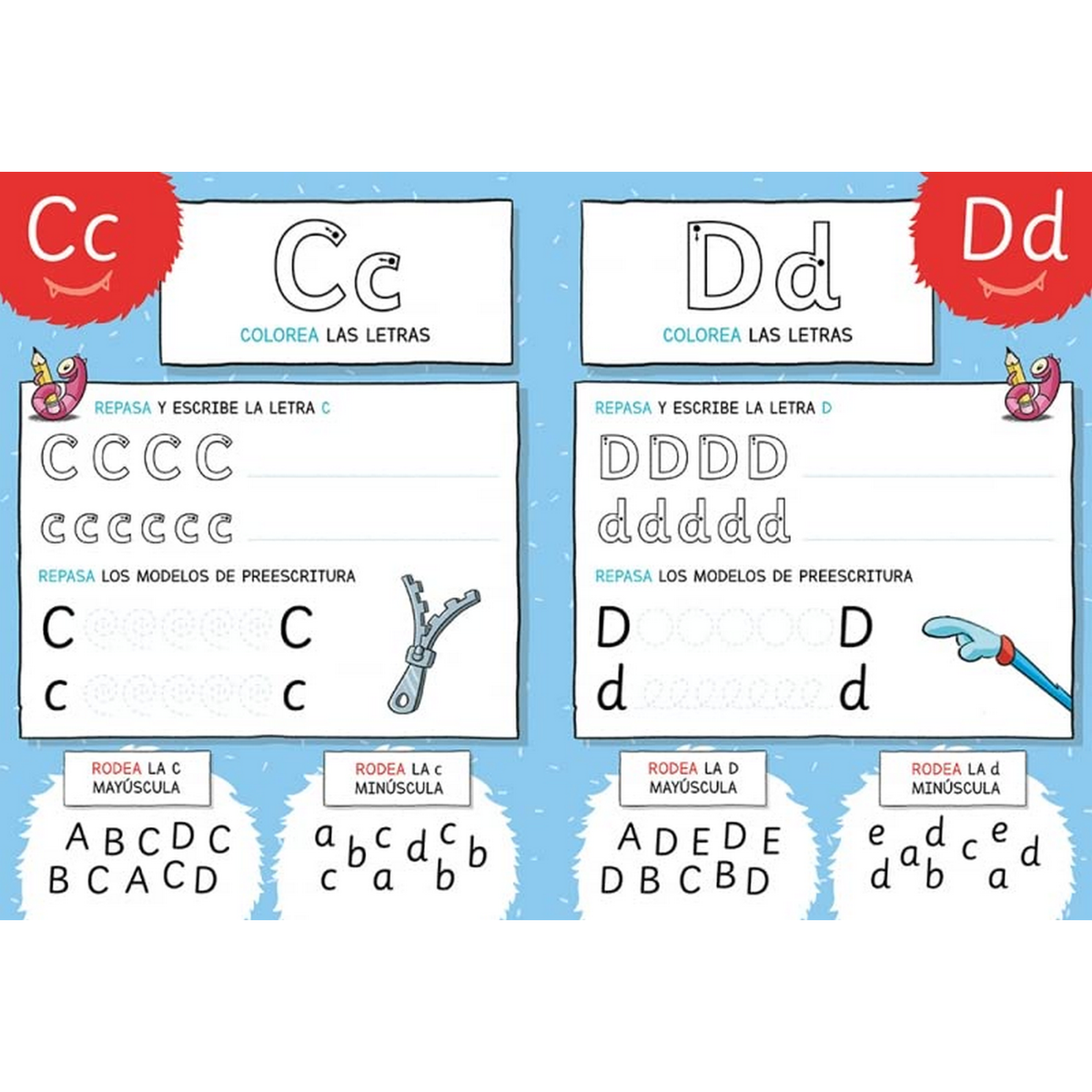 Hoja educativa con las letras C y D, con ejemplos de letras mayúsculas y minúsculas.