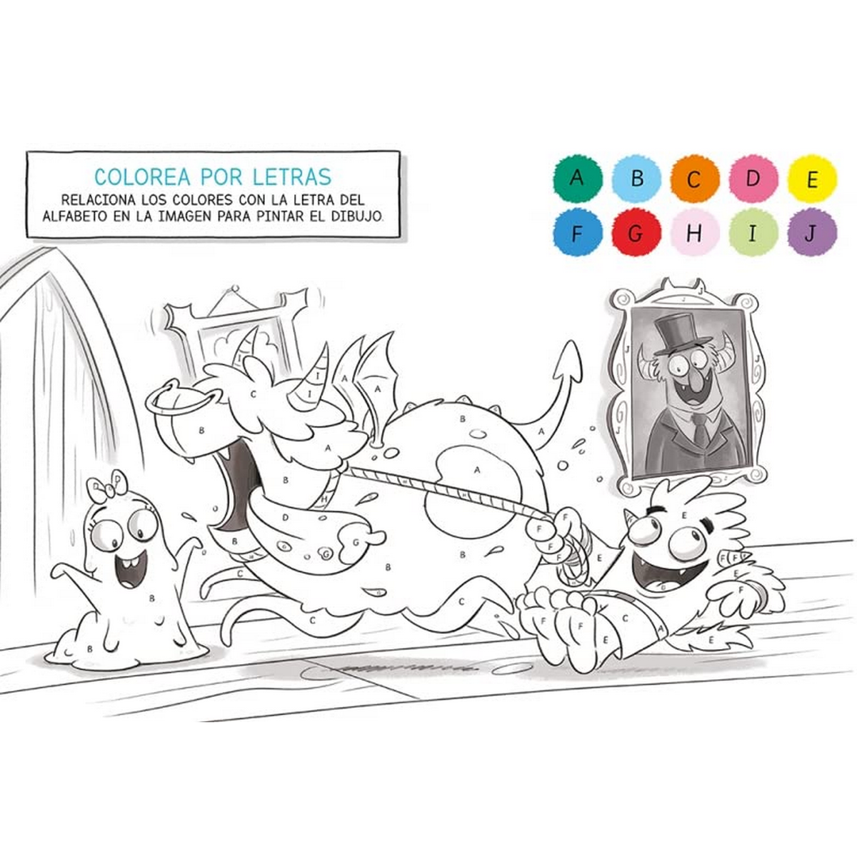 Libro para colorear con monstruos y clave de color. Los personajes incluyen un fantasma, un dragón y un monstruo en un marco.