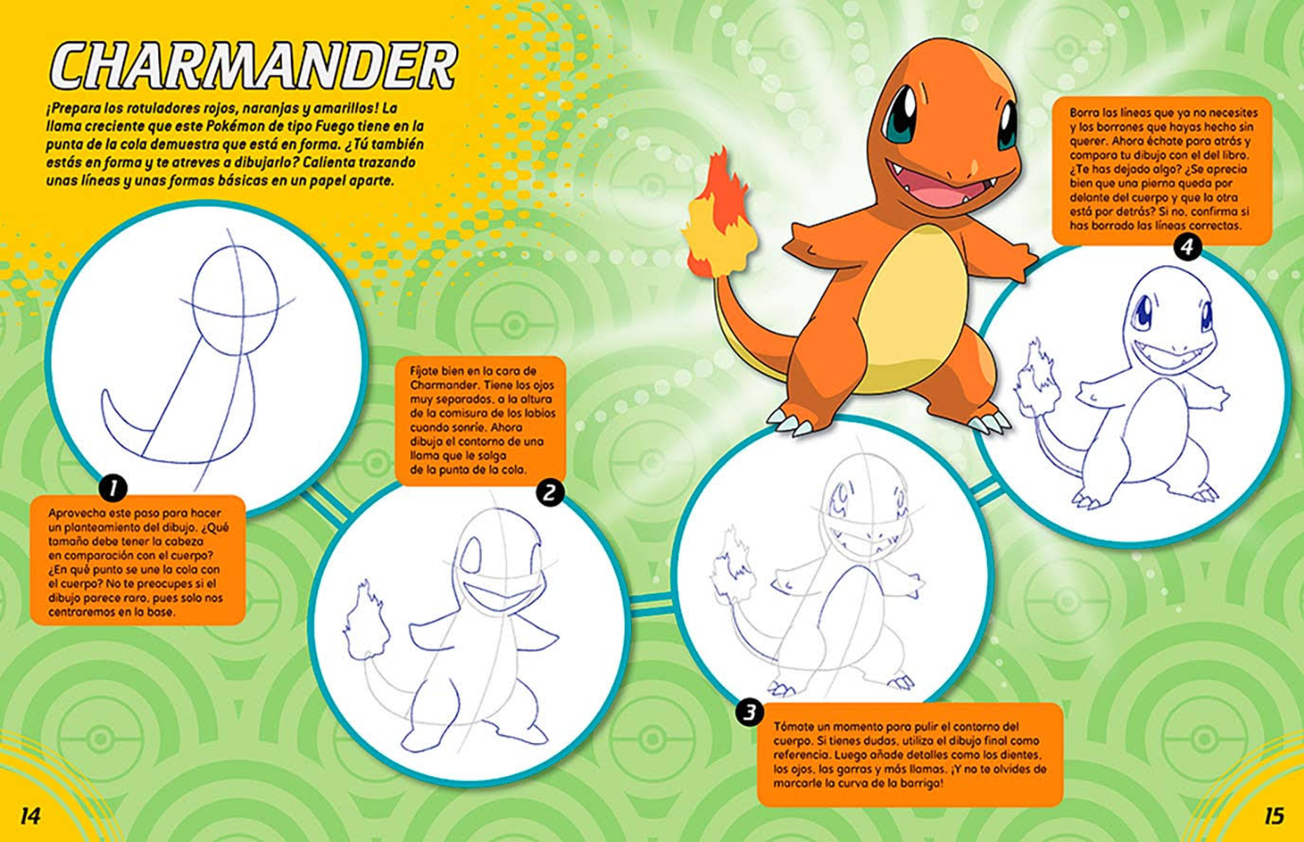 Cómo dibujar un Charmander. Guía paso a paso que muestra cómo dibujar el Pokémon. El fondo es colorido.