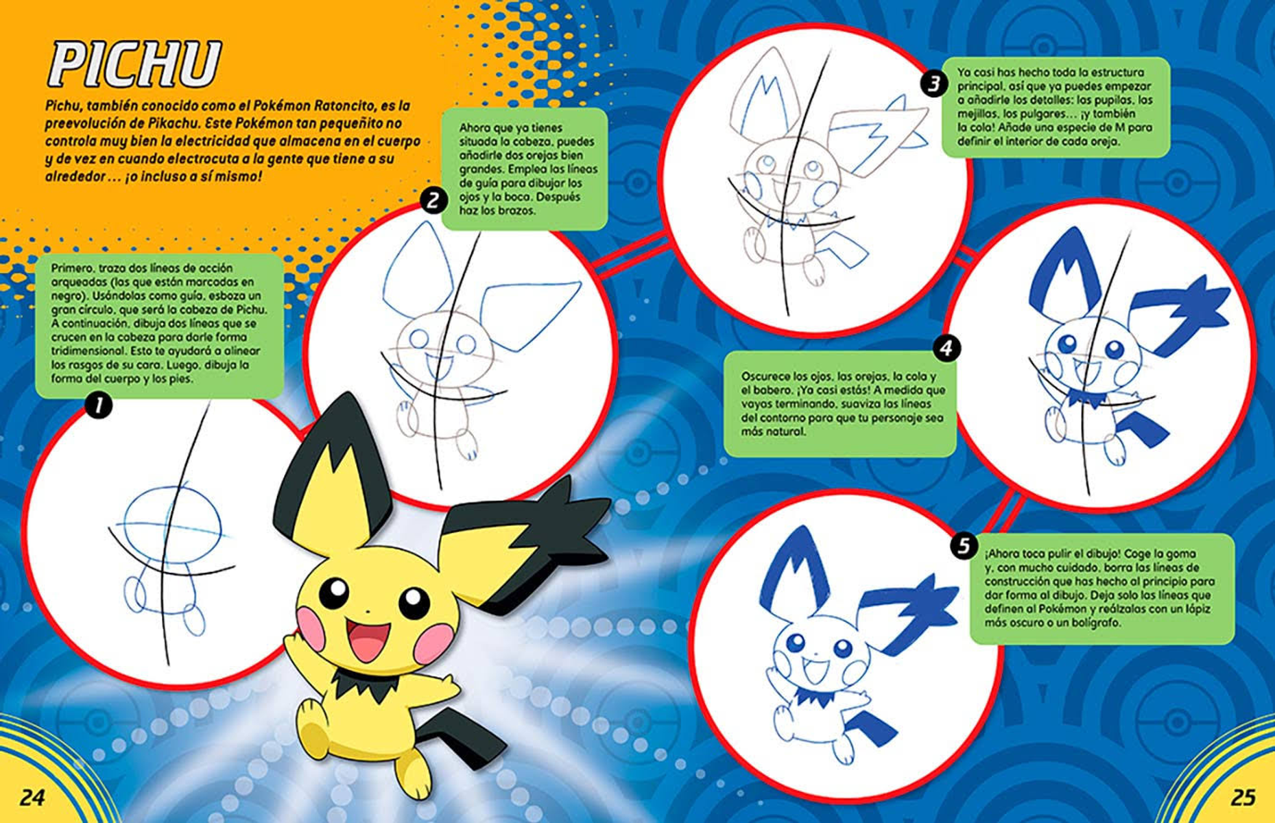 Instrucciones de dibujo, Pikachu, pasos para dibujar, amarillo y negro, fondo azul.