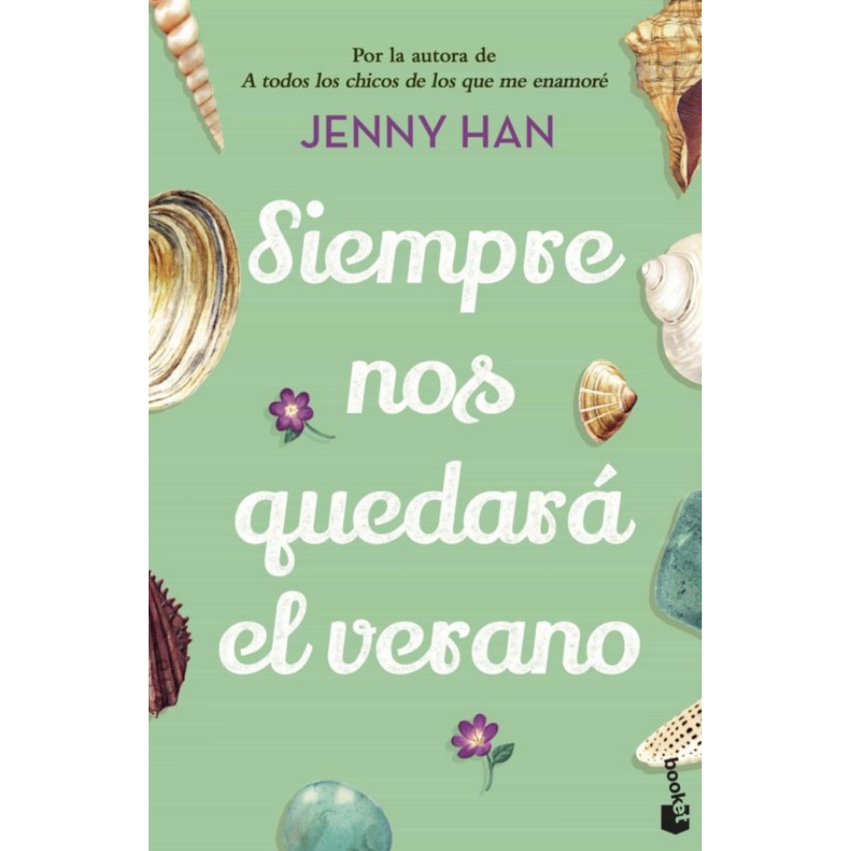 Portada de libro con conchas marinas y texto sobre fondo verde.