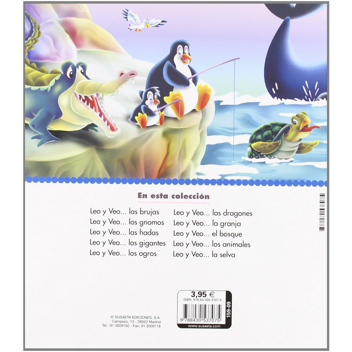 Portada del libro con animales de dibujos animados: cocodrilo, pingüinos, tortuga y ballena.