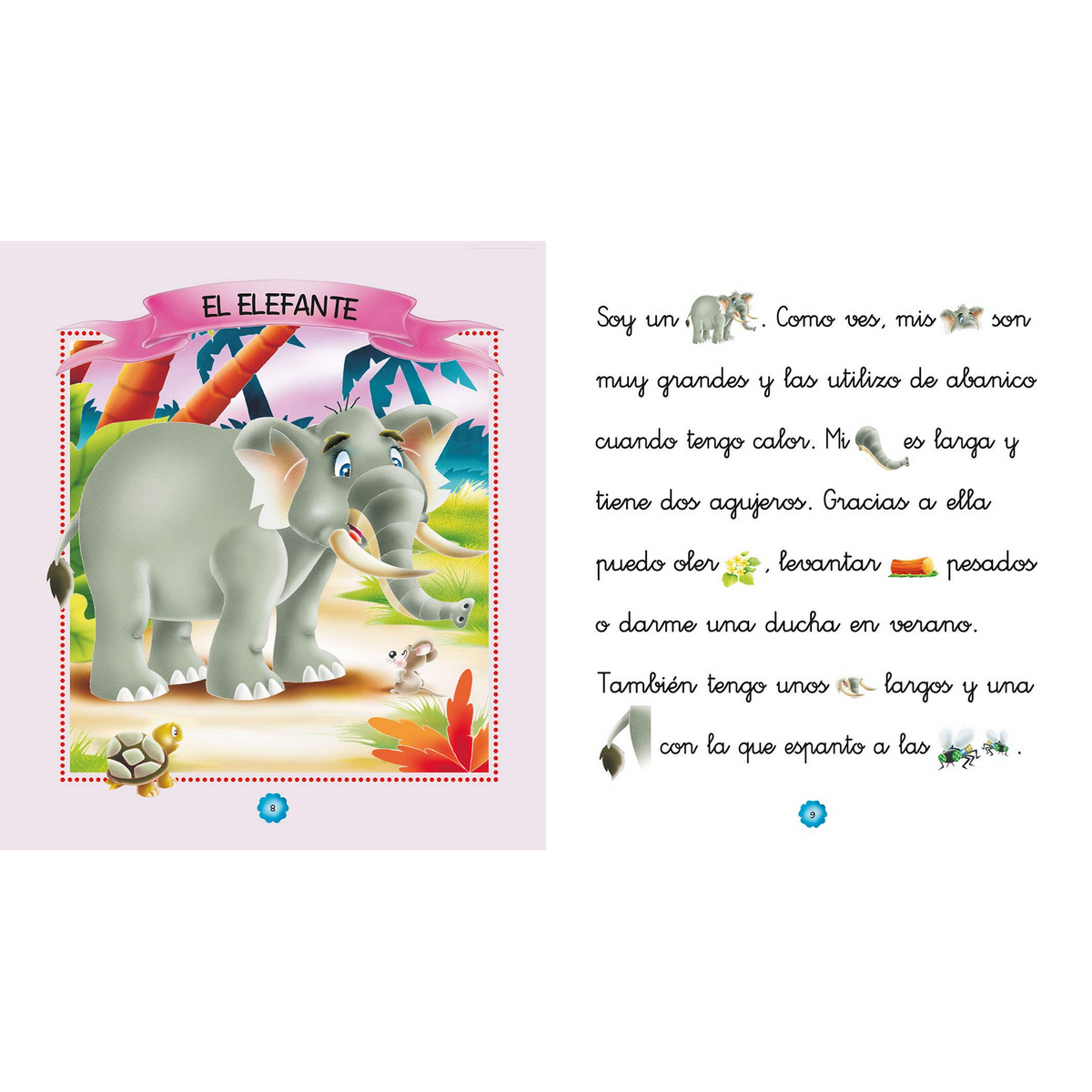 Página del libro: elefante de dibujos animados y texto sobre sus características.
