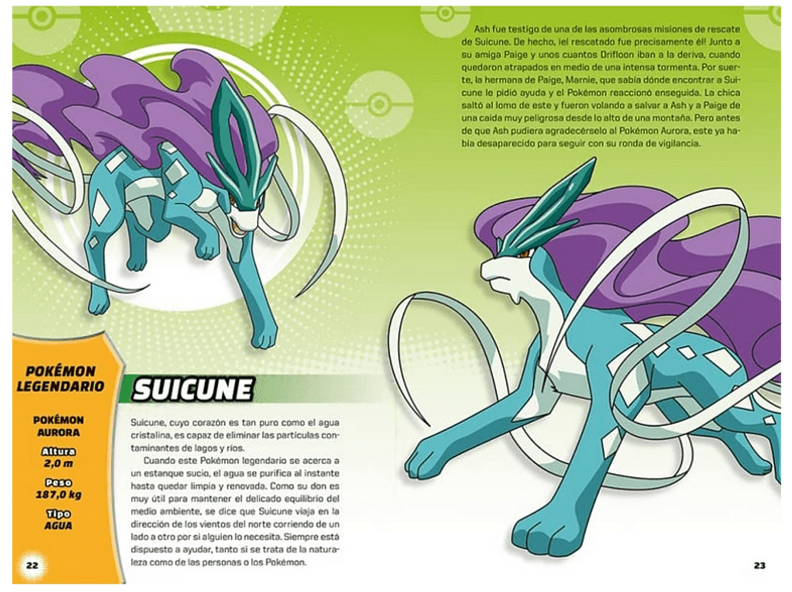 Página doble que muestra un Pokémon verde azulado y morado, Suicune, con texto en español.