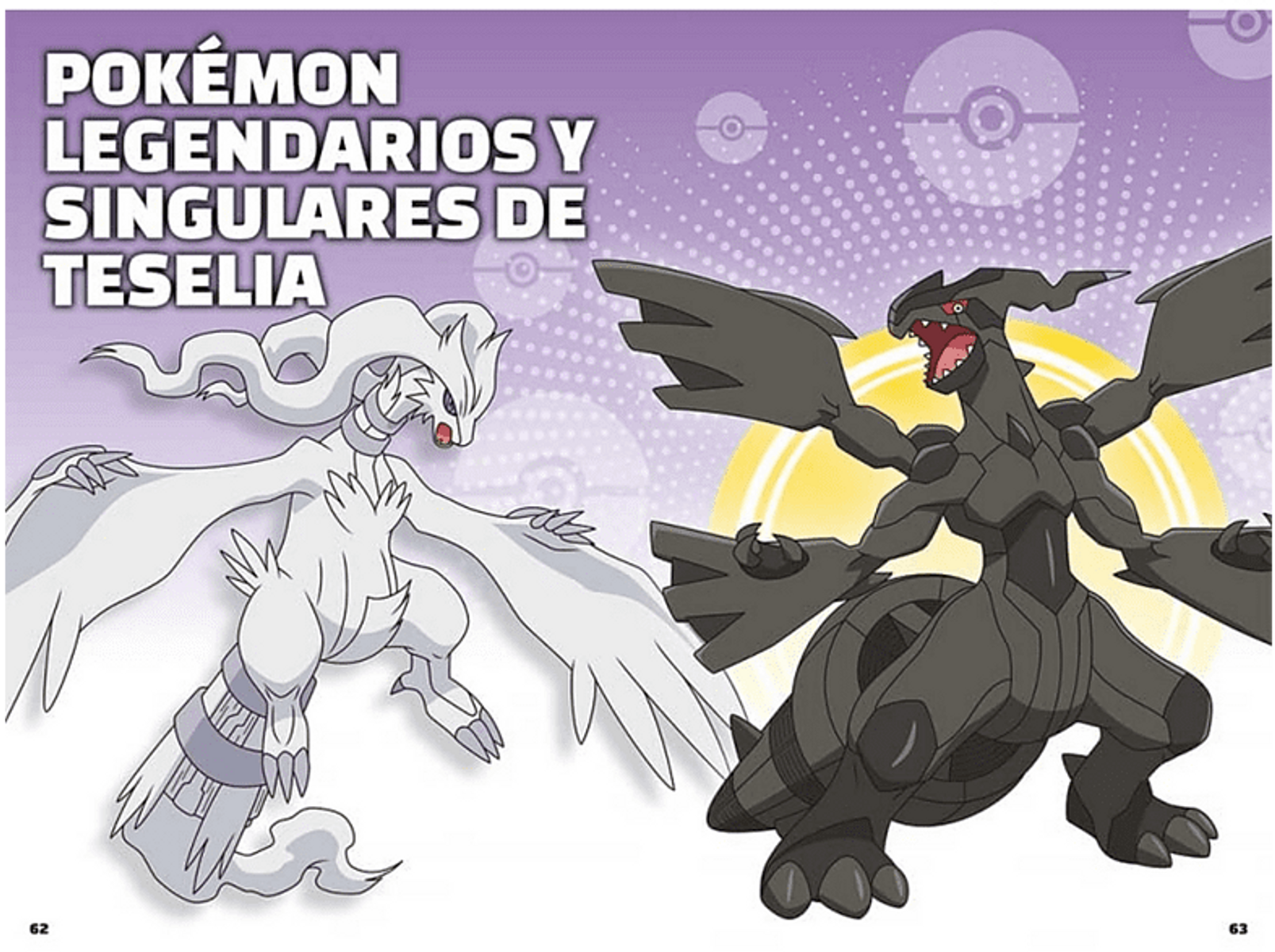 Personajes Pokémon: Reshiram y Zekrom, presentados en una portada de libro.