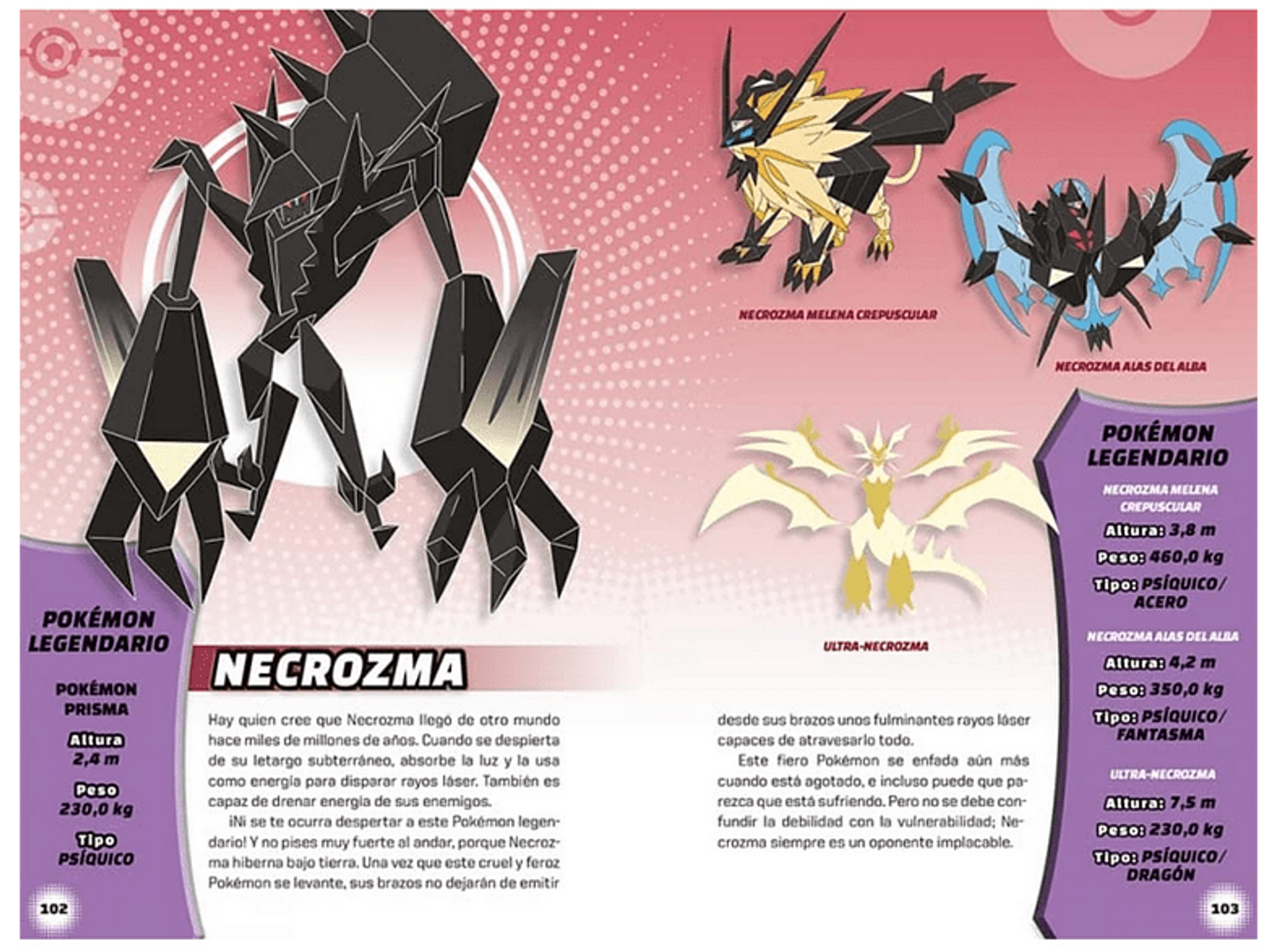 Página doble con personajes Pokémon. Texto e imágenes de Pokémon legendarios.