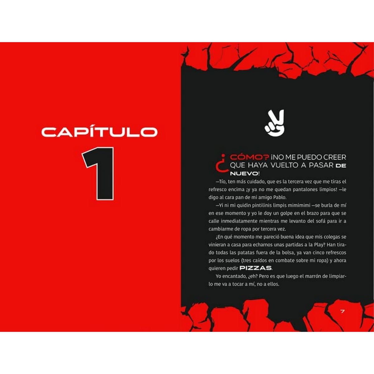 Página de libro roja y negra con texto, capítulo 1 y símbolo de la paz.