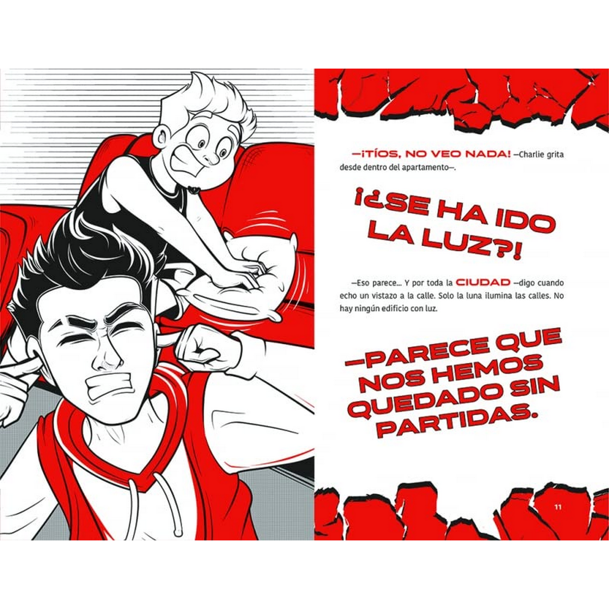 Una página de cómic. Dos chicos están en una habitación, uno en un sofá. Burbujas de texto y diálogo son visibles.