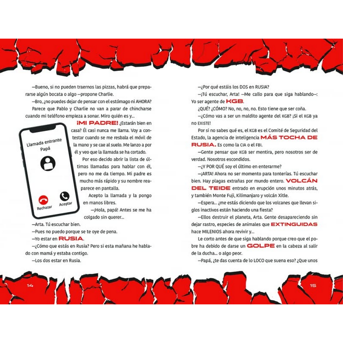 Un teléfono muestra una llamada de 'Papá', con opciones para aceptar o rechazar. Texto en español alrededor.