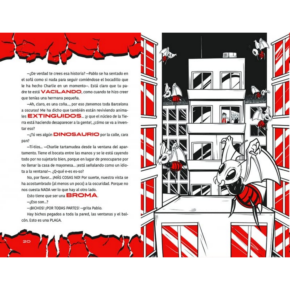 Tira cómica con texto rojo e ilustraciones de murciélagos y edificios.