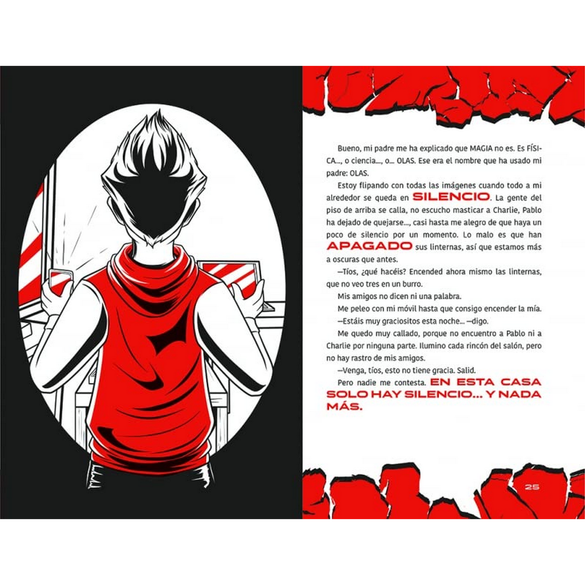 Página de cómic con texto e ilustración de una persona con camisa roja de espaldas.