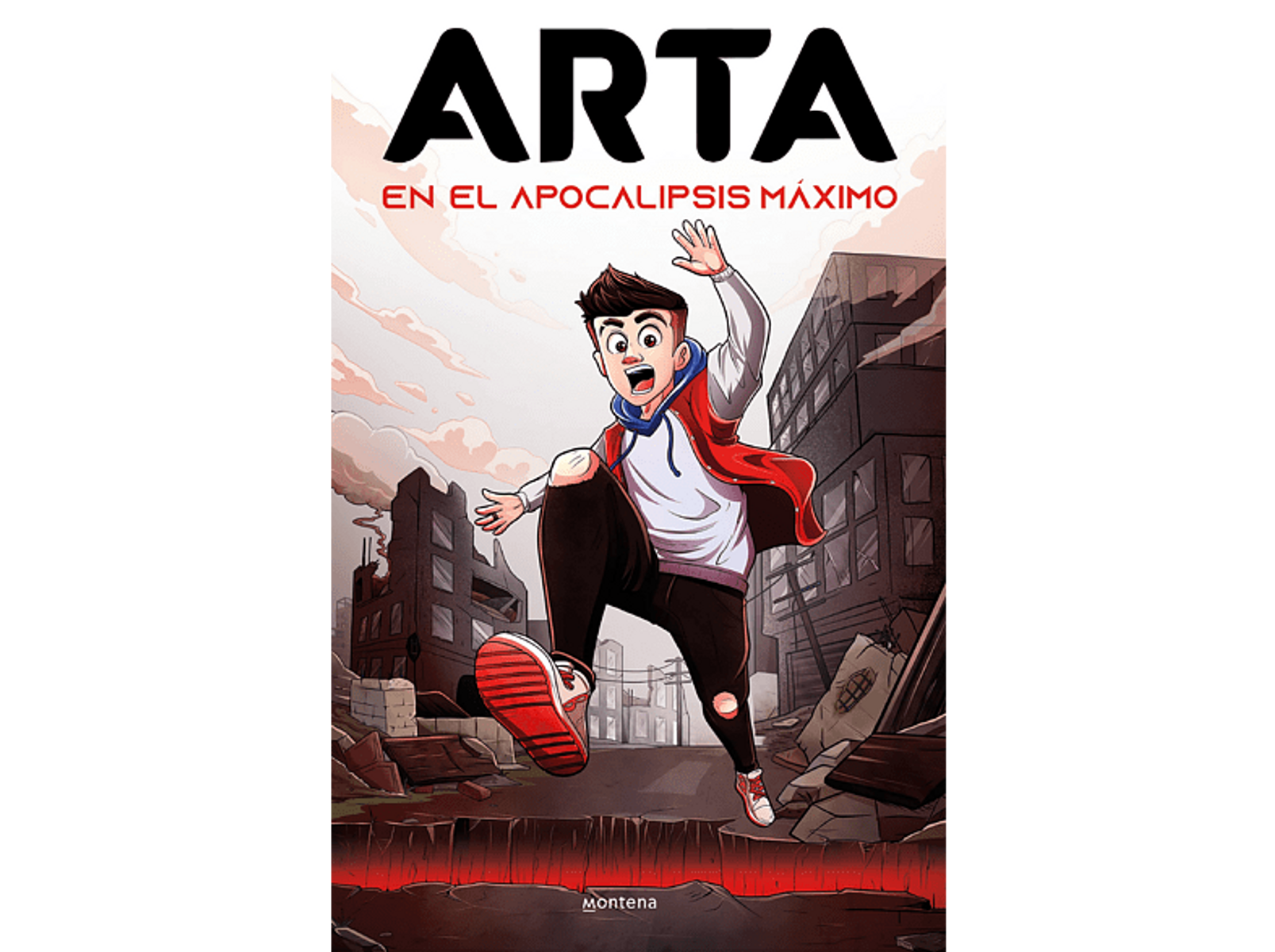 Portada de cómic con un chico corriendo en una ciudad destruida. Colores rojo y negro.