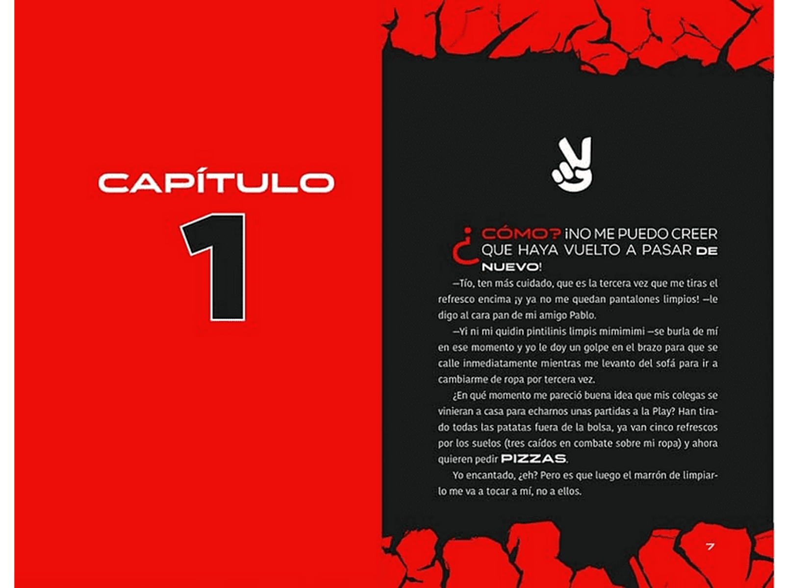 Página de cómic en español. Texto grande e ilustraciones en diseño rojo y negro.