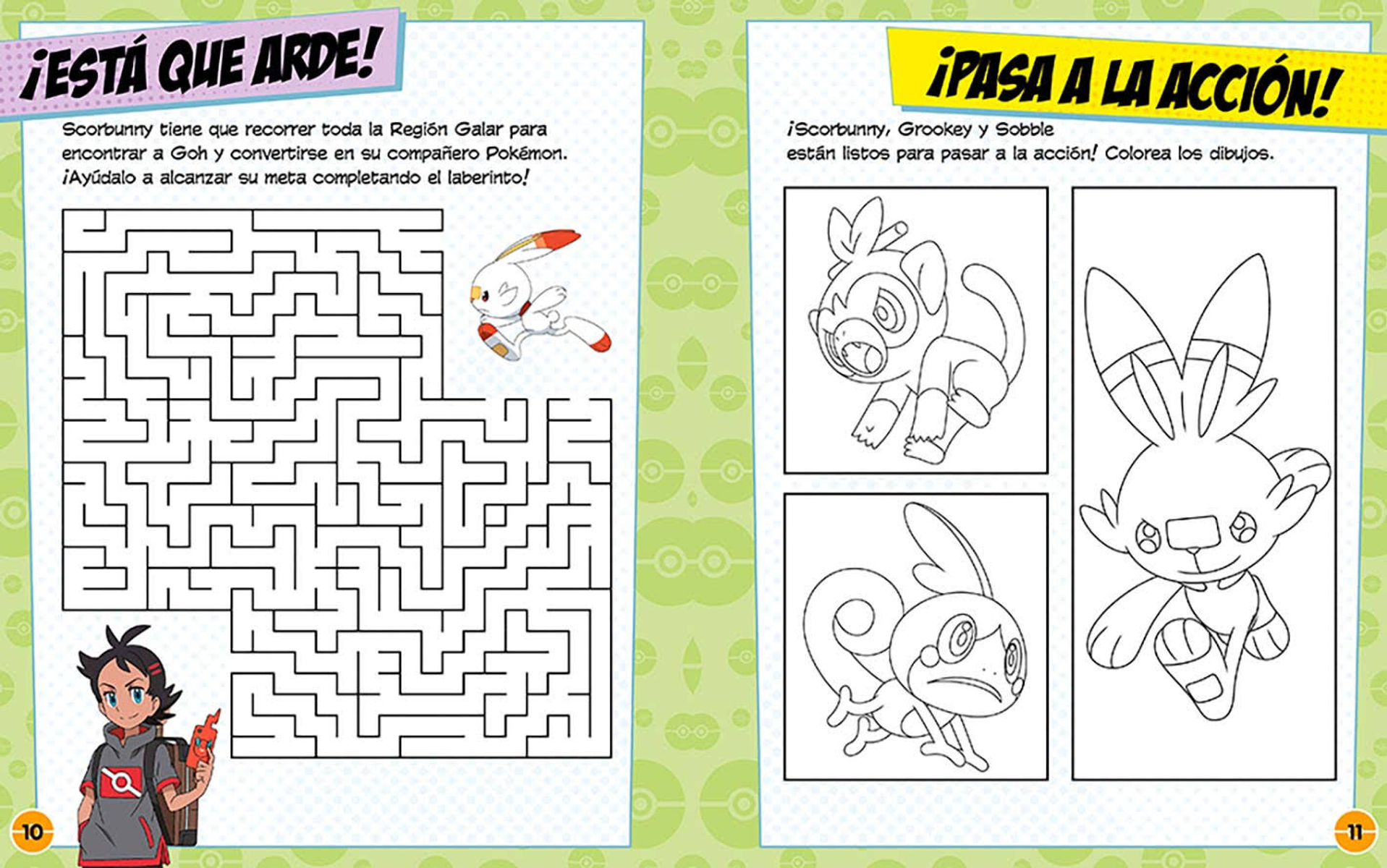 Una página de libro con un laberinto para Scorbunny y dibujos de personajes de Pokémon.