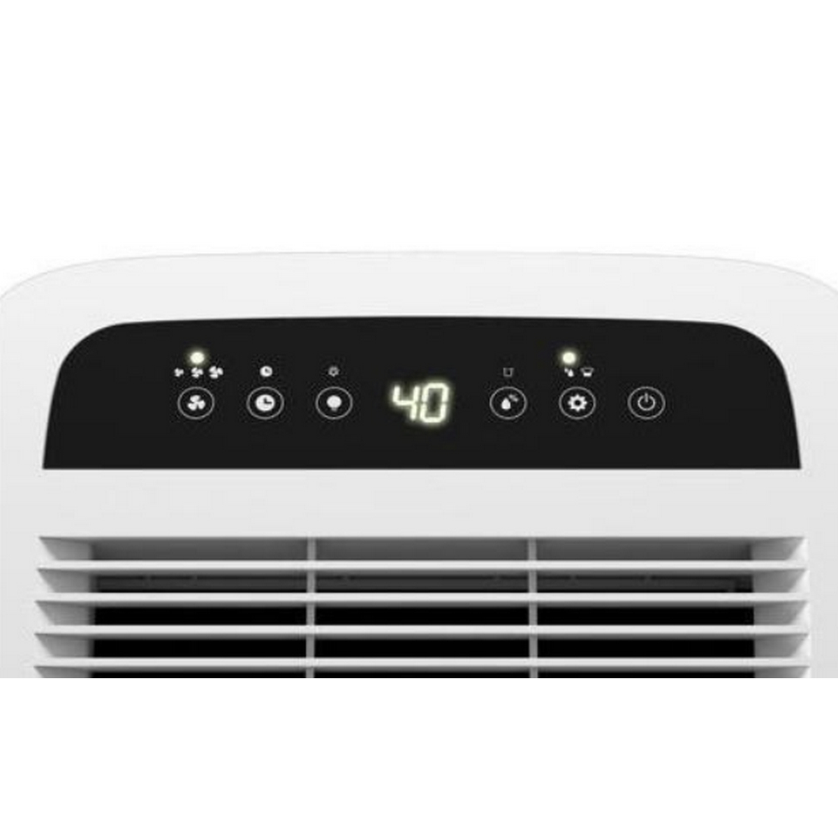 Zbliżenie na biały wyświetlacz klimatyzatora z napisem '40' i ikonami sterowania.