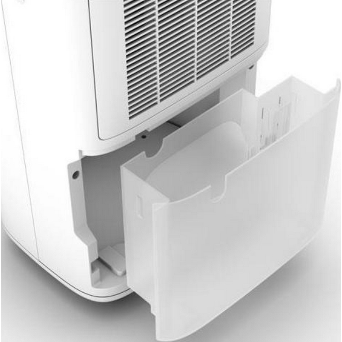 Biały osuszacz z otwartą szufladą na wodę, w pomieszczeniu.