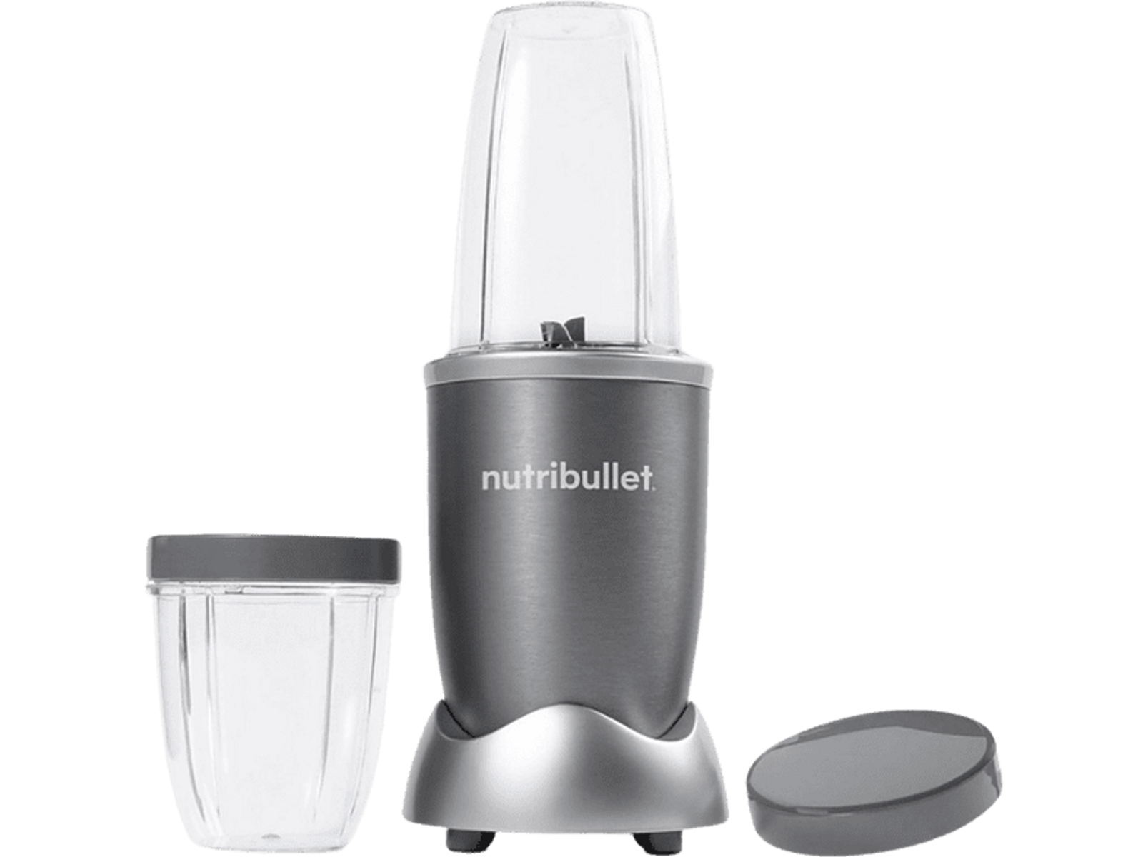 Licuadora Nutribullet con base gris, vaso y tapa transparentes, más un vaso y tapa separados.