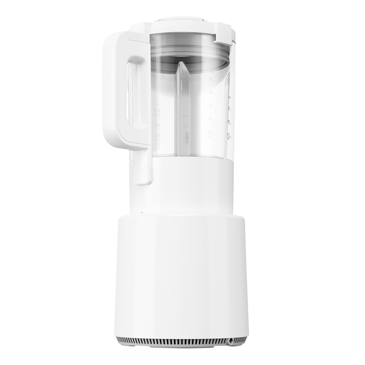 Witte blender met een doorzichtige container, handvat en een witte basis op zwarte achtergrond.
