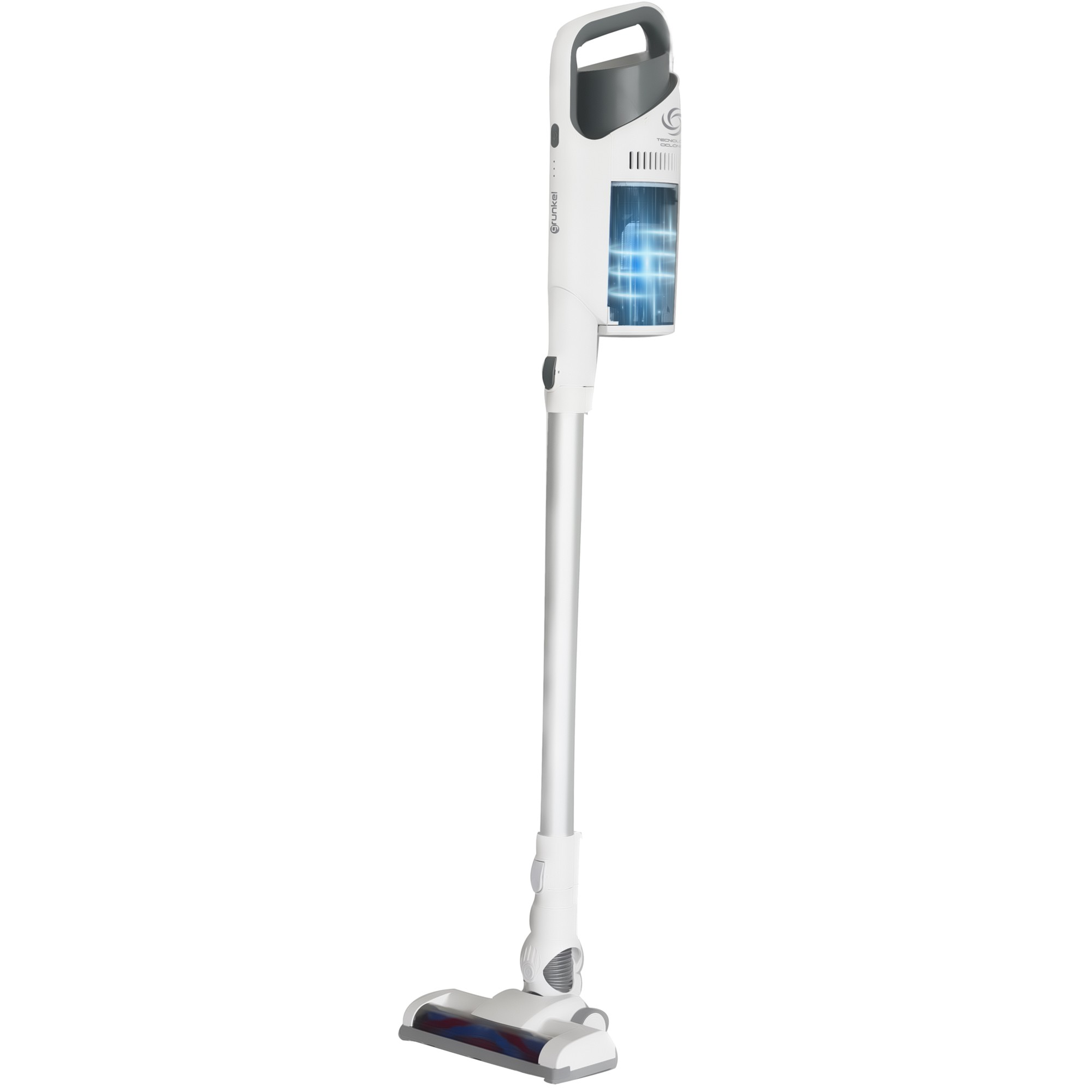Una aspiradora blanca vertical con una sección azul iluminada en el medio.