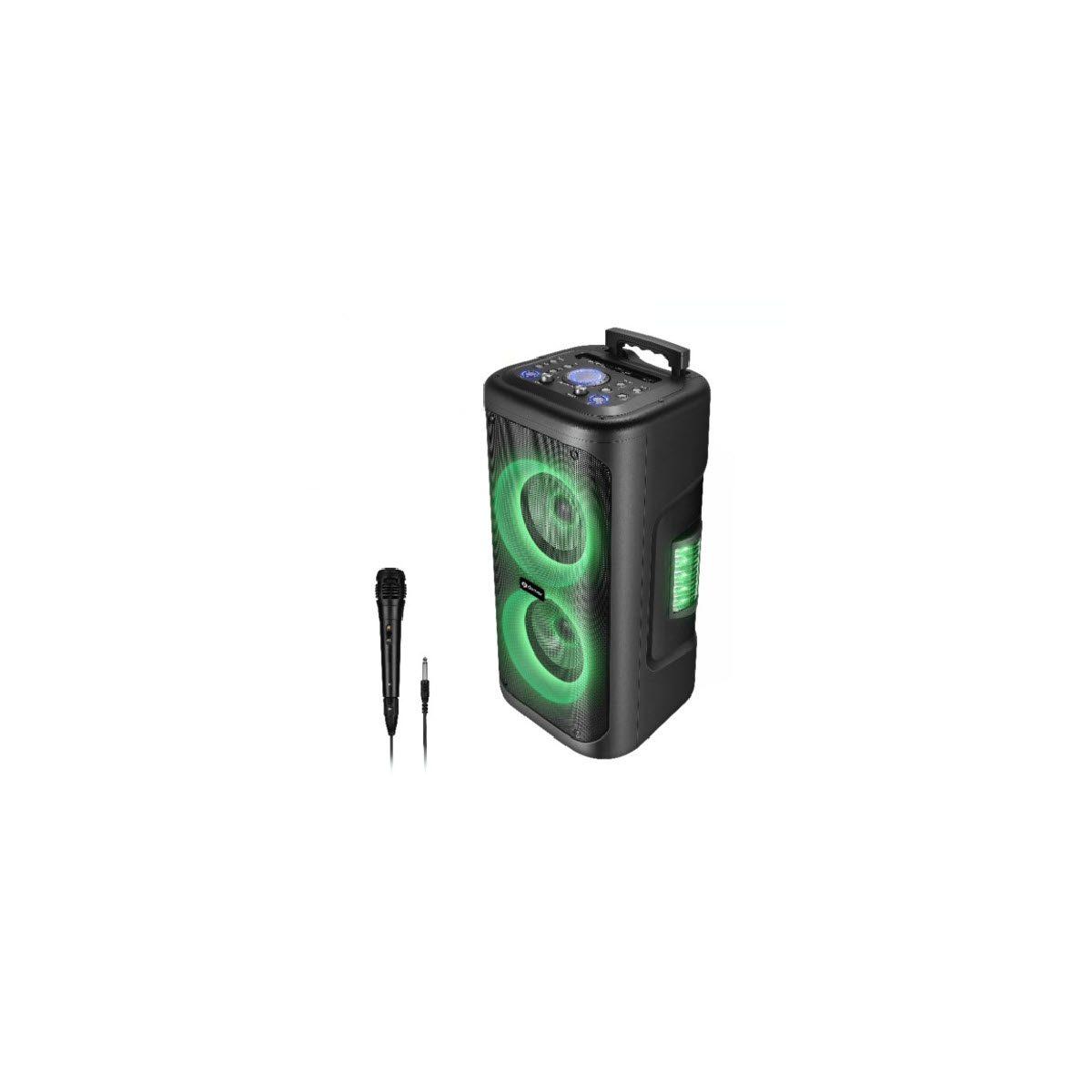Een zwarte speaker met groene lichten, een microfoon en een kabel. De speaker heeft een handvat.