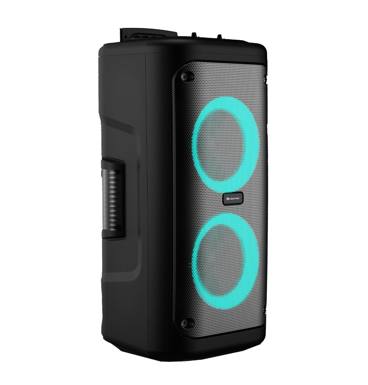 Zwarte luidspreker met turquoise cirkels. Het is een audioapparaat.