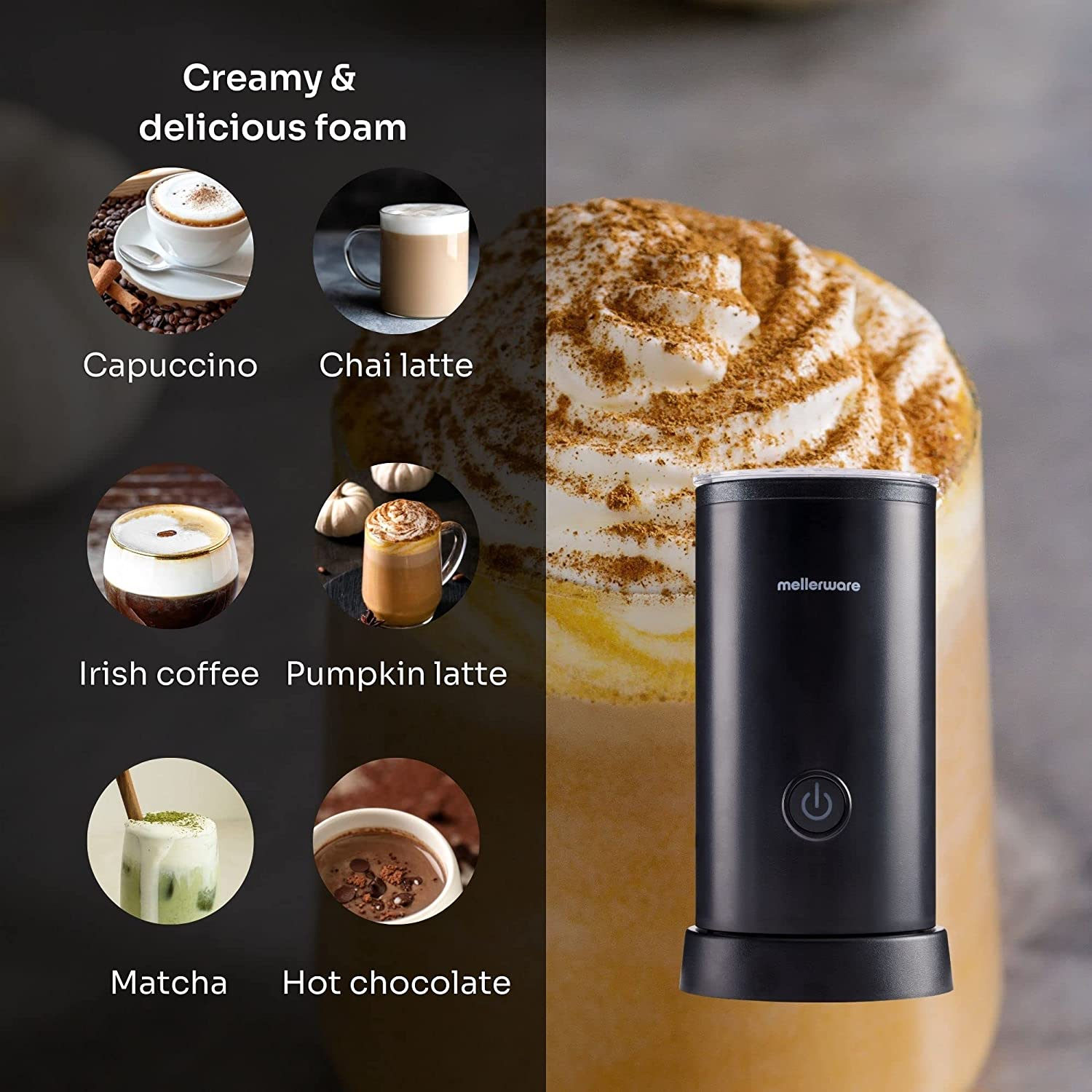 Un montalatte nero con diverse bevande al caffè a sinistra.