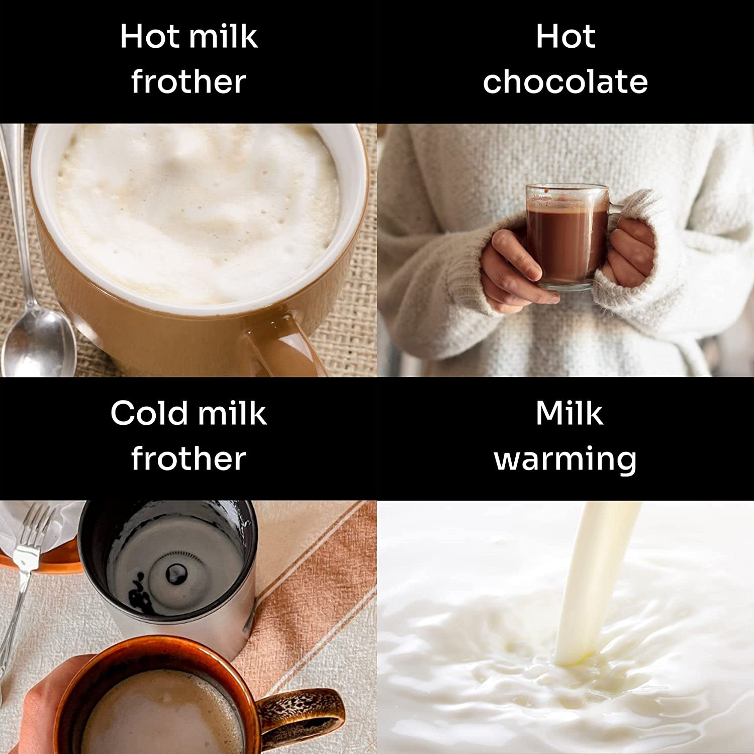 Quattro immagini: montalatte caldo, cioccolata calda, montalatte freddo, riscaldamento del latte.