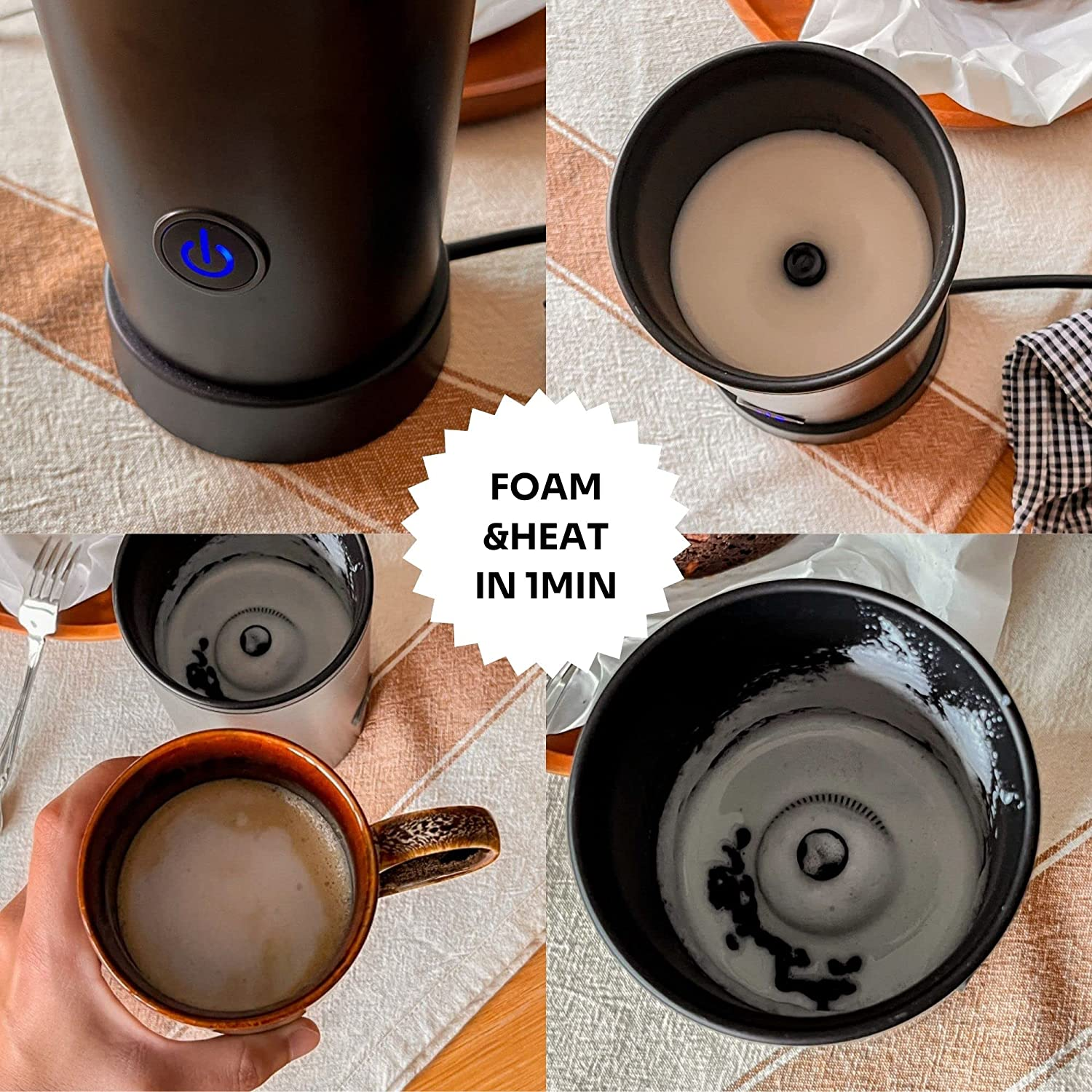 Quattro immagini che mostrano l'uso di un montalatte. Sono visibili il dispositivo, la schiuma e il caffè risultanti.