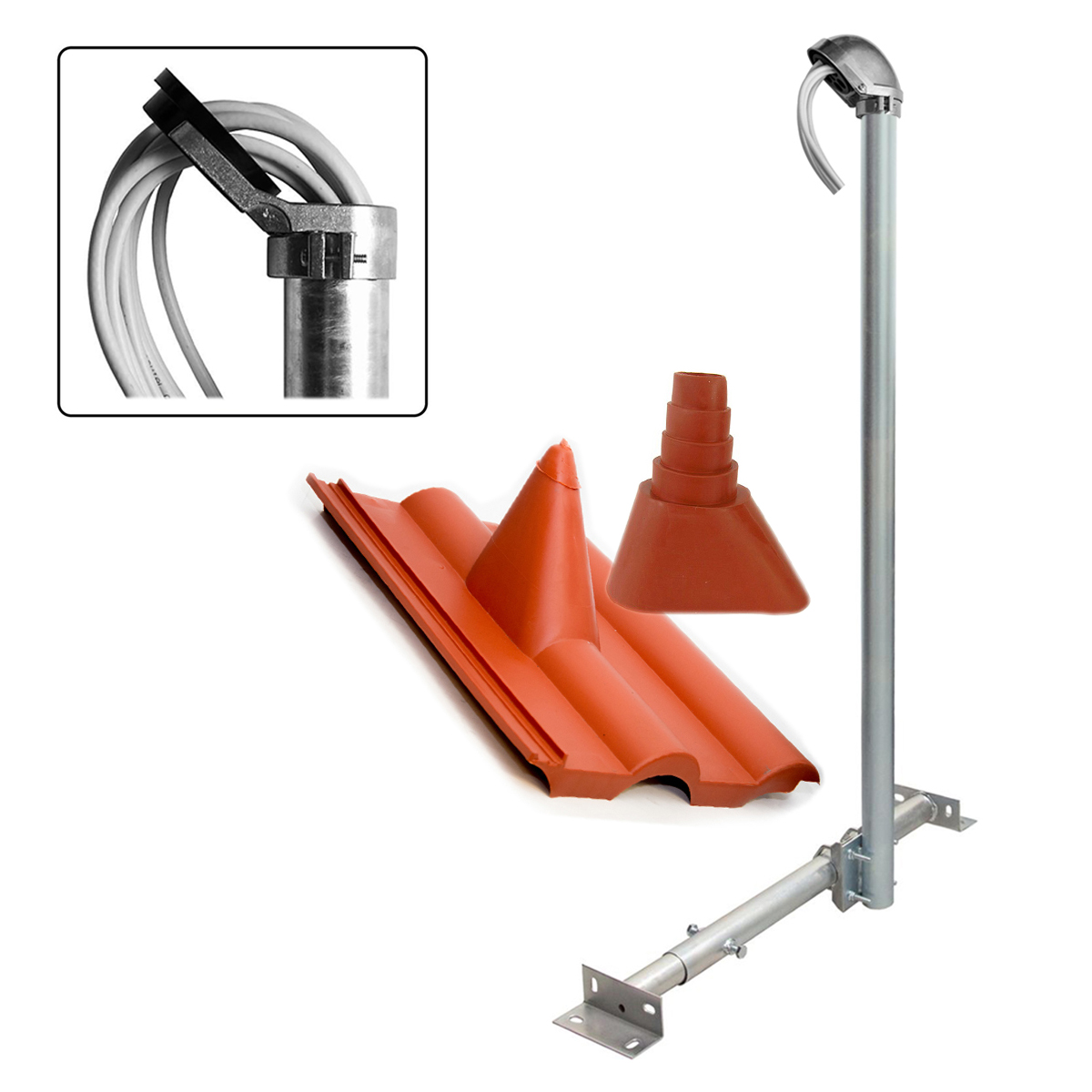 PREMIUMX BASIC X120-48 Pfanne Teleskop-Dachsparrenhalter Dachsparrenhalterung, rot SAT Alu-Mastkappe Mast 120cm Silber Frankfurter 48mm