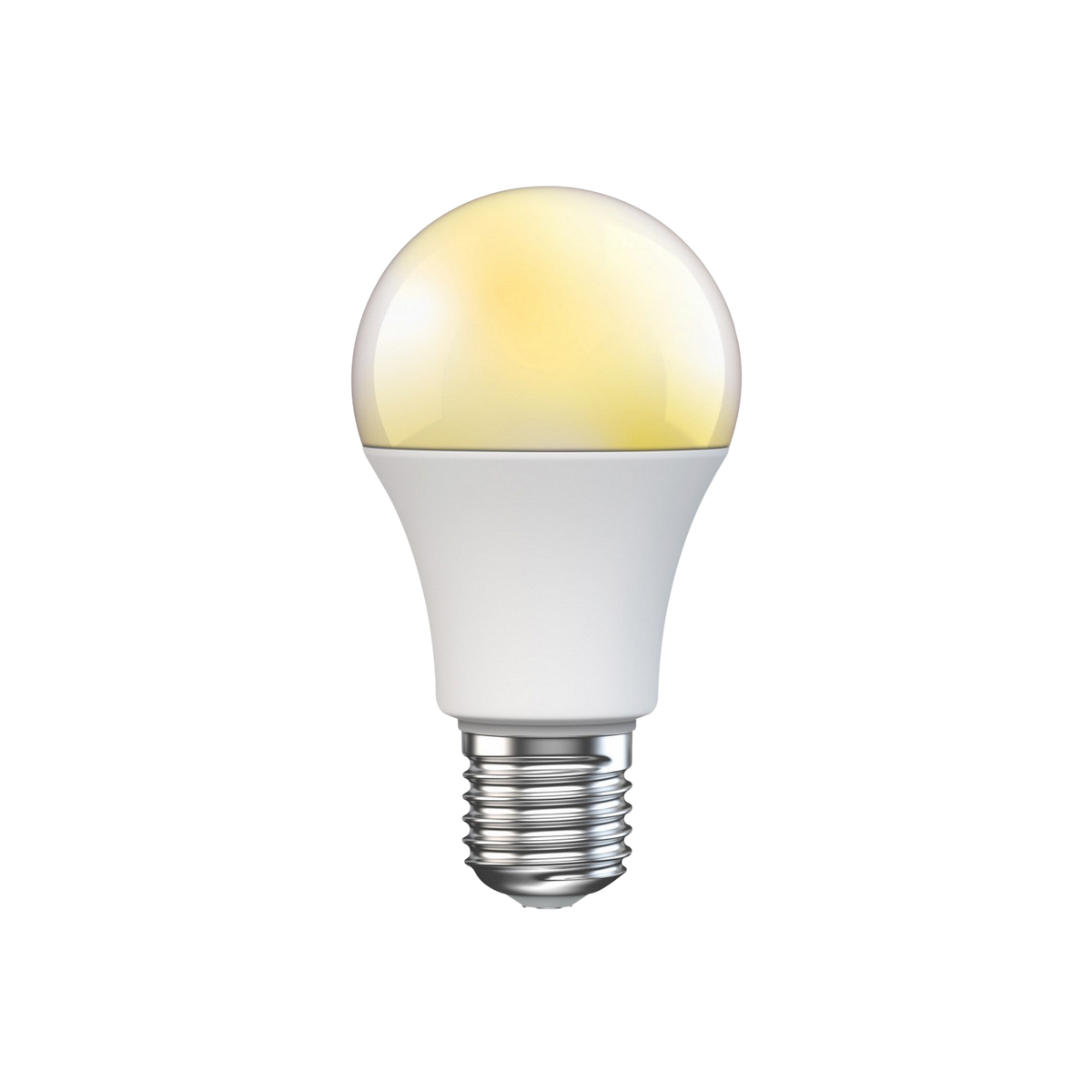 Biała i żółta żarówka, ze srebrną podstawą, na czarnym tle.