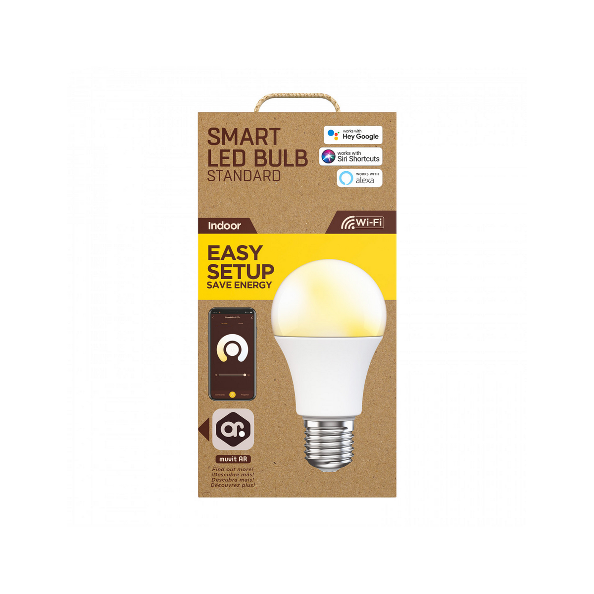 Pudełko żarówki LED Smart. Biała żarówka świeci. Pokazuje interfejs aplikacji. 'Easy Setup' i 'Save Energy'.