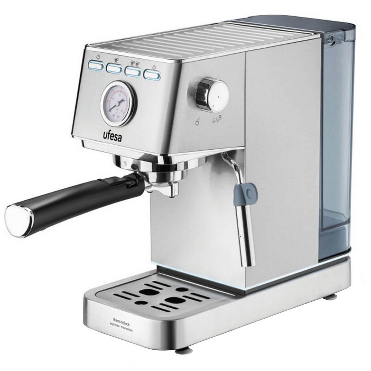 Máquina de espresso plateada, asa negra, manómetro y controles sobre una superficie blanca.