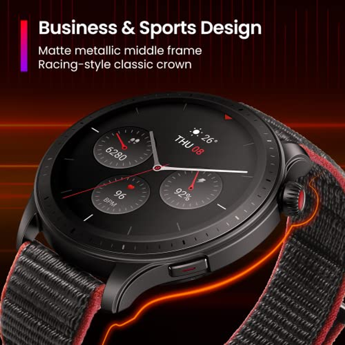 Uno smartwatch con cinturino nero e interfaccia grafica.