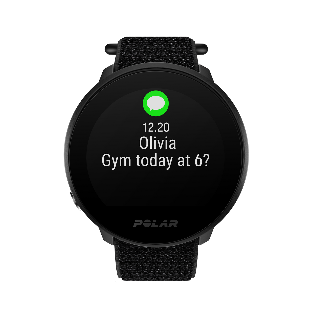 Smartwatch con pantalla circular, mostrando un mensaje de Olivia: ¿Gimnasio hoy a las 6?