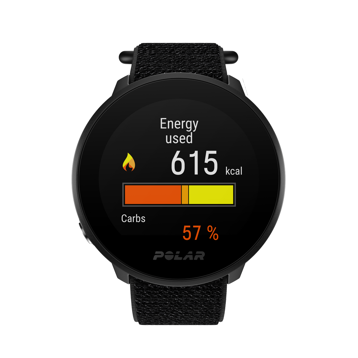Pantalla de reloj inteligente que muestra el uso de energía: 615 kcal y 57% de carbohidratos. Un icono de llama.