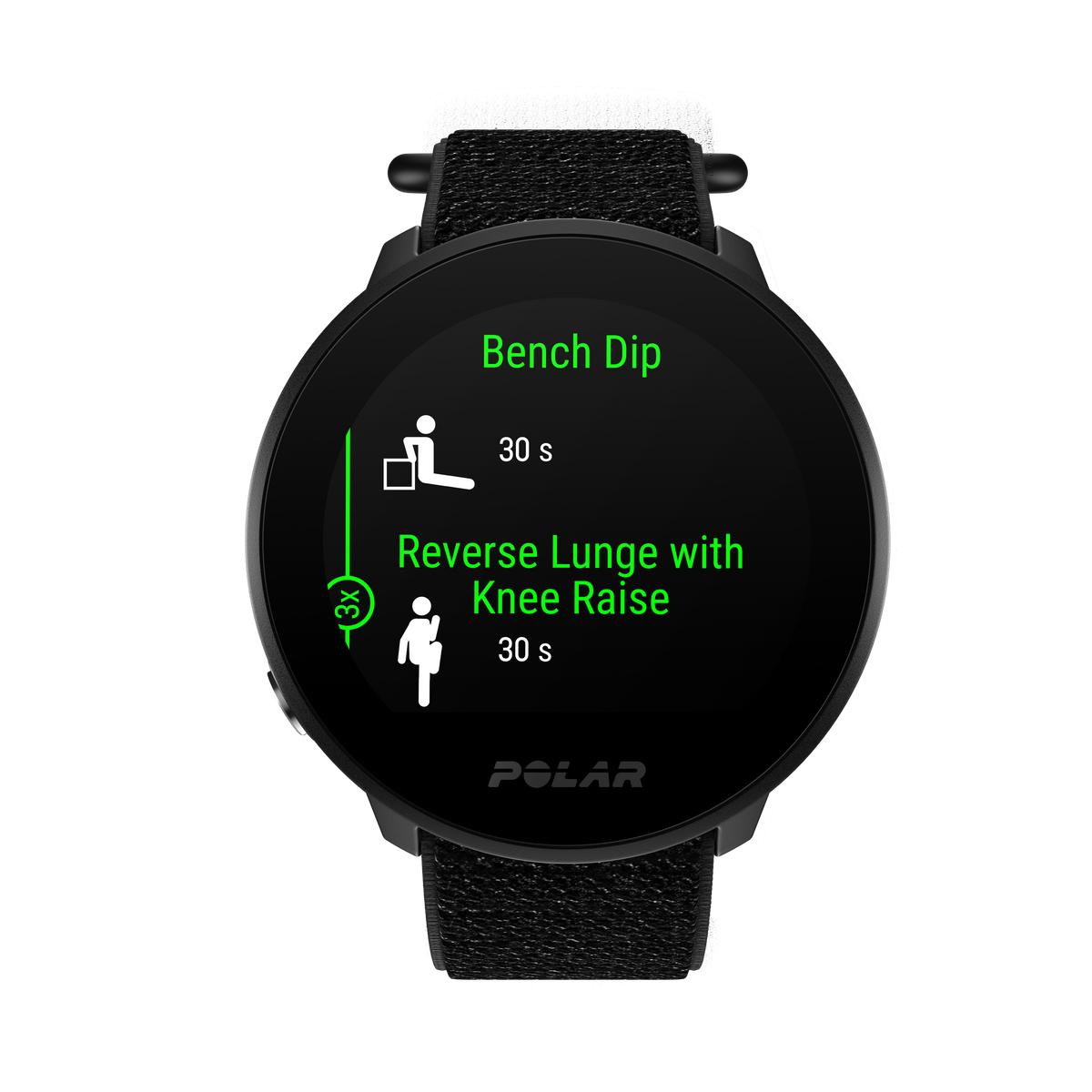 Smartwatch negra con plan de entrenamiento en pantalla. Muestra ejercicios 'Bench Dip' y 'Reverse Lunge'.