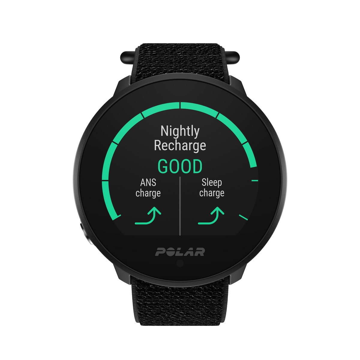 Un reloj inteligente Polar negro que muestra datos de sueño y carga ANS y la palabra BUENO.