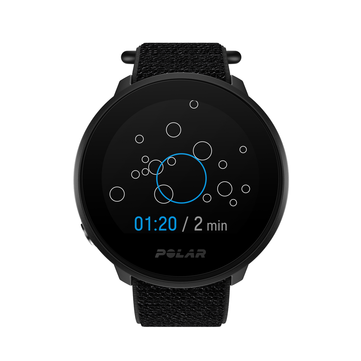 Smartwatch negra con esfera redonda que muestra una hora y círculos, sobre una correa negra.