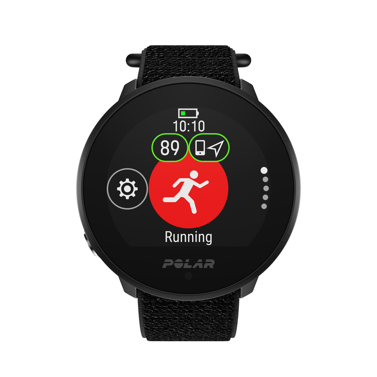 Un reloj inteligente negro que muestra un icono de correr, nivel de batería y hora. Se muestra la palabra 'Running'.