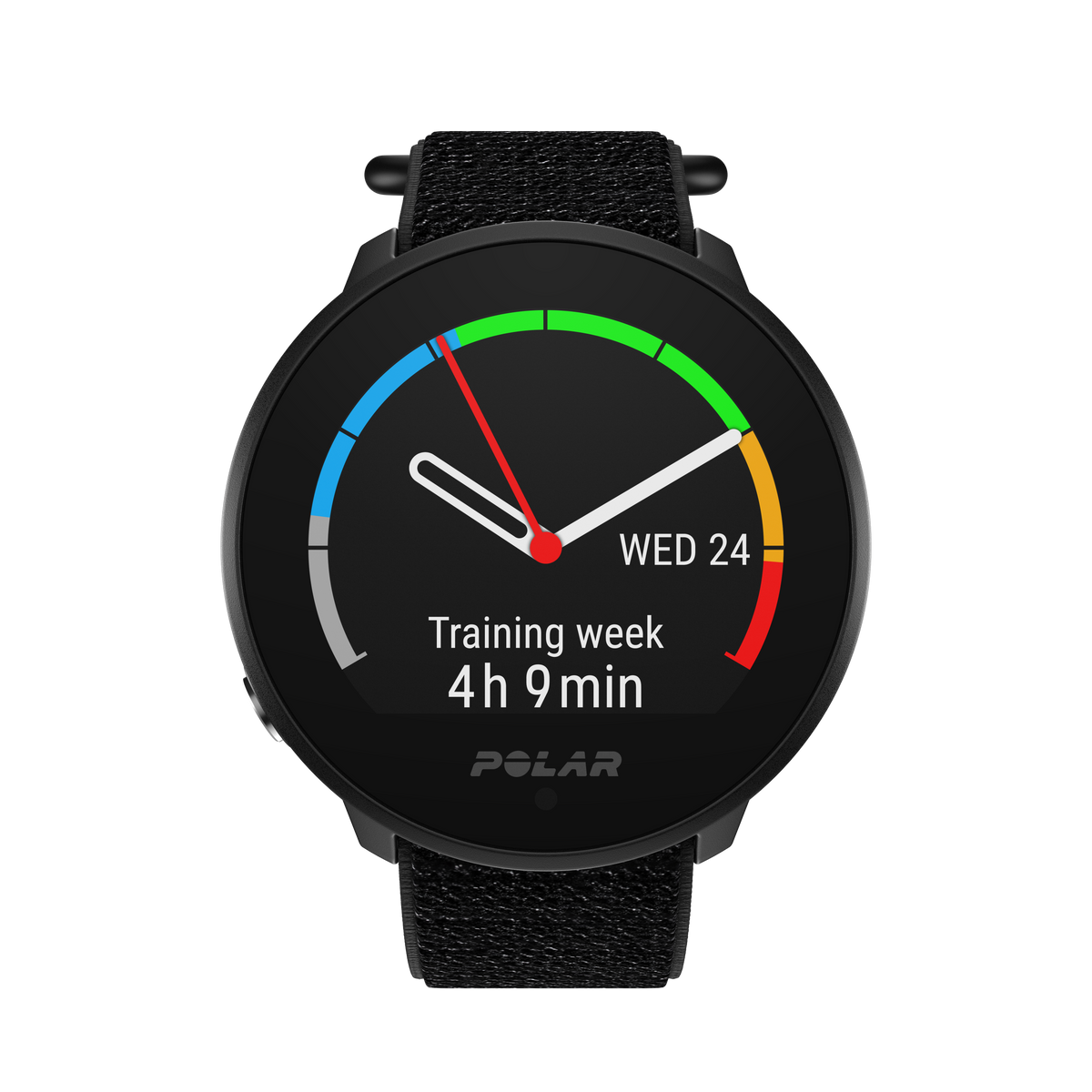 Reloj inteligente con correa negra. La pantalla muestra la fecha, hora y semana de entrenamiento.