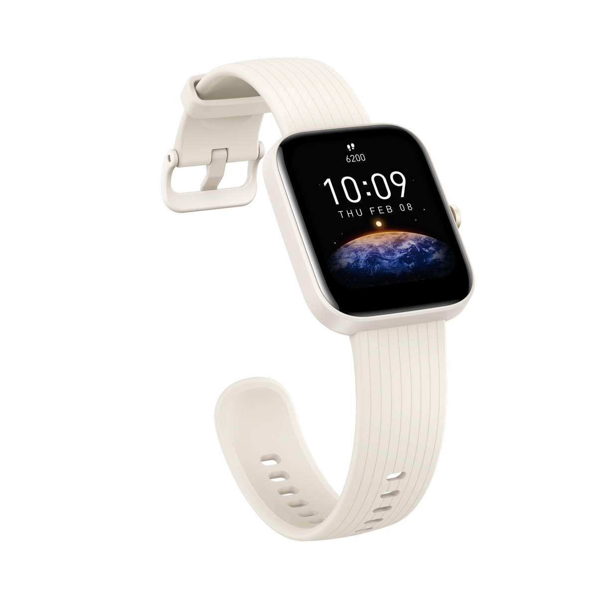Eine weiße Smartwatch mit cremefarbenem Armband und einem schwarzen Bildschirm, der Zeit und Datum anzeigt.