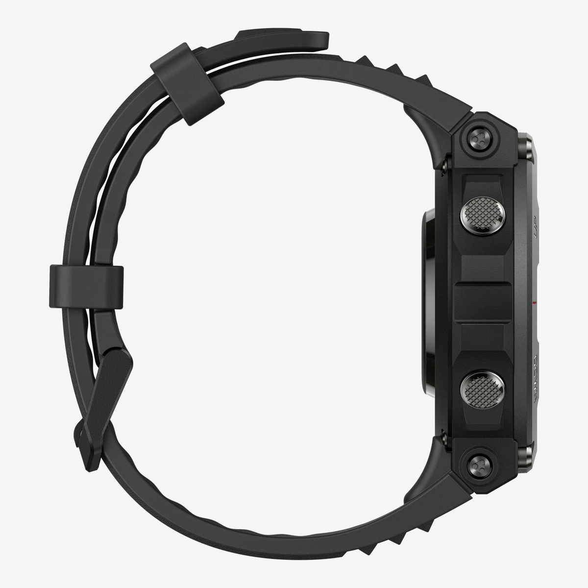Schwarze Smartwatch mit schwarzem Armband, von der Seite gesehen. Knöpfe sind sichtbar.