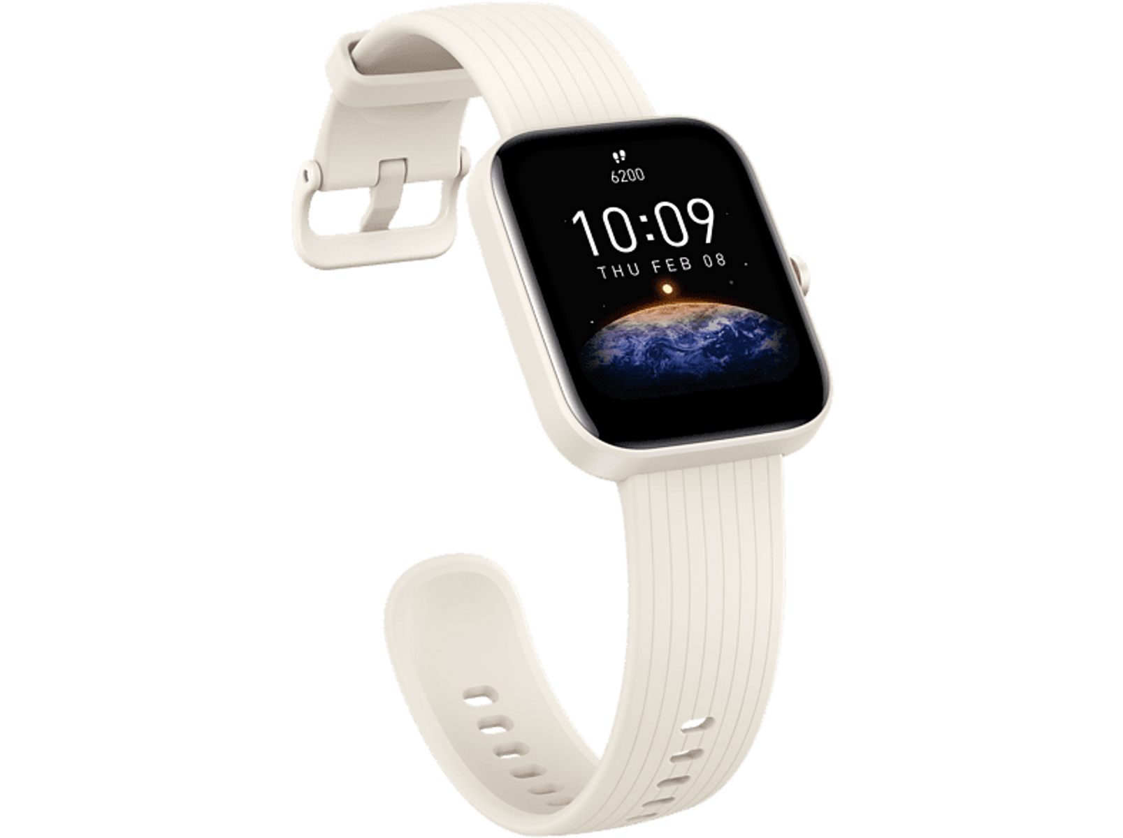 Cremefarbene Smartwatch mit weißem Armband zeigt Uhrzeit und Datum. Schwarzer Hintergrund.