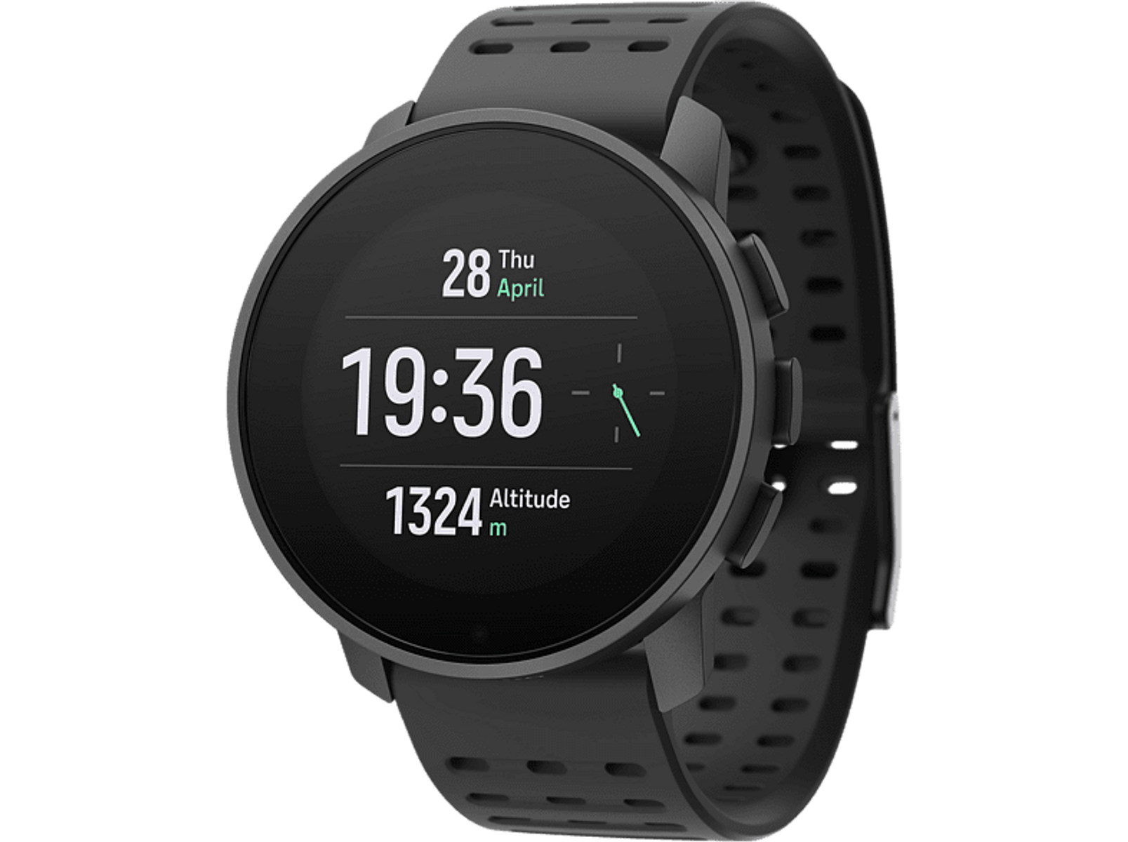 Schwarze Suunto Sportuhr, zeigt Datum, Uhrzeit, Höhe. Schwarzes Armband und rundes Zifferblatt.
