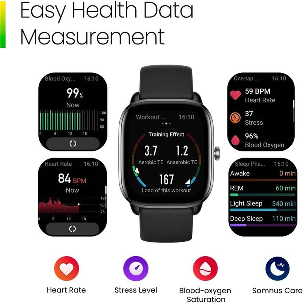 Smartwatch mit Gesundheitsdaten, einschließlich Herzfrequenz, Blutsauerstoff und Schlafphasen.