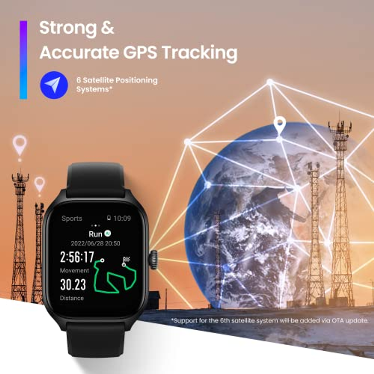 Smartwatch zeigt Laufdaten. Karte, Distanz und Zeit werden angezeigt.