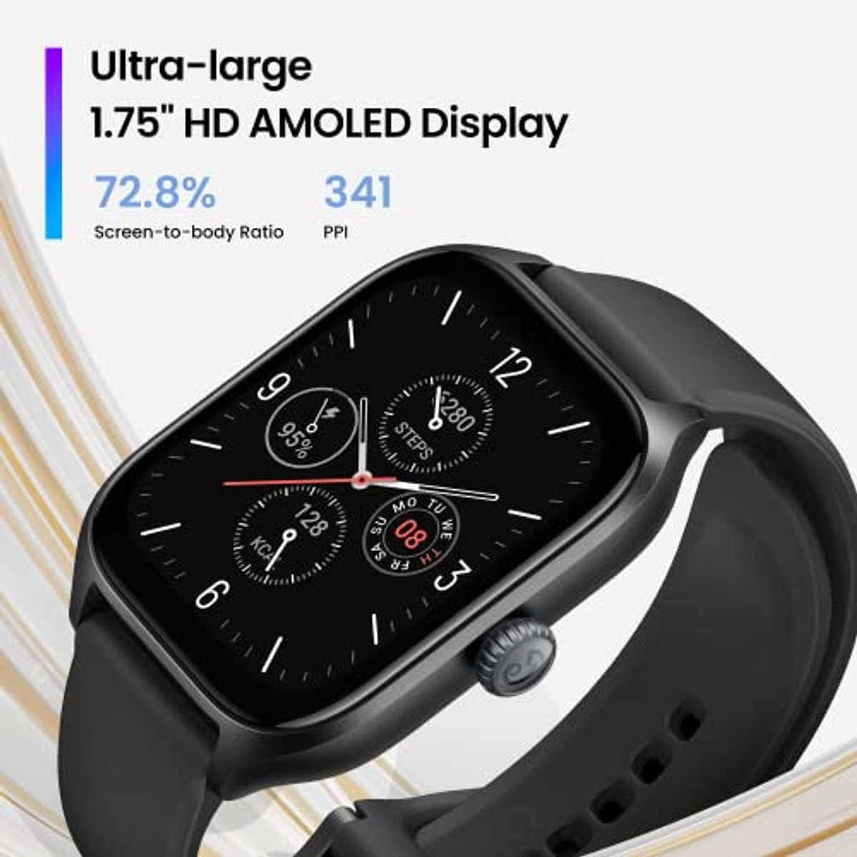 Schwarze Smartwatch mit quadratischem Bildschirm, der Zeit, Schritte und Akkulaufzeit anzeigt.