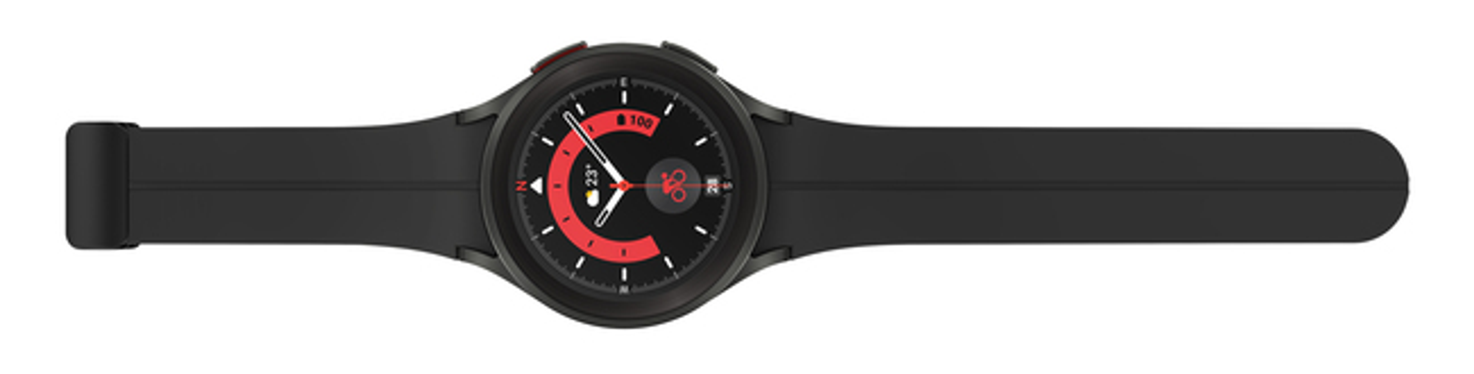 Czarny smartwatch z czerwonymi akcentami. Wyświetla czas, tętno i inne dane. Czarny pasek.