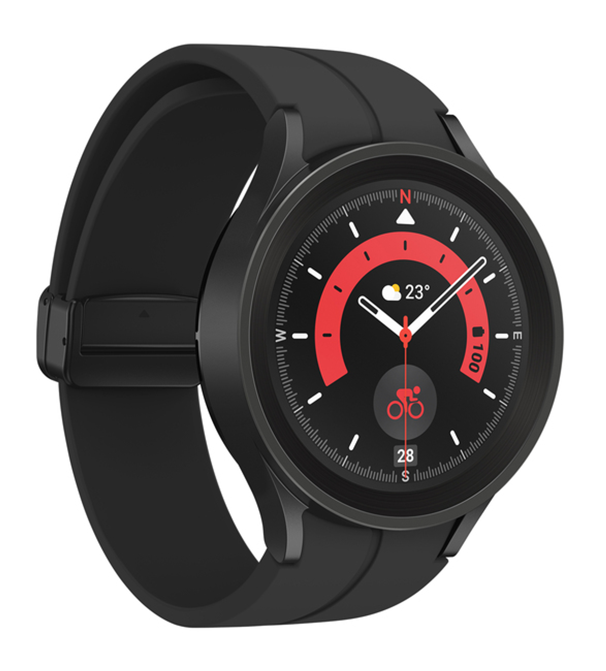 Czarny smartwatch z czarnym paskiem, wyświetlający czerwono-biały okrągły ekran.