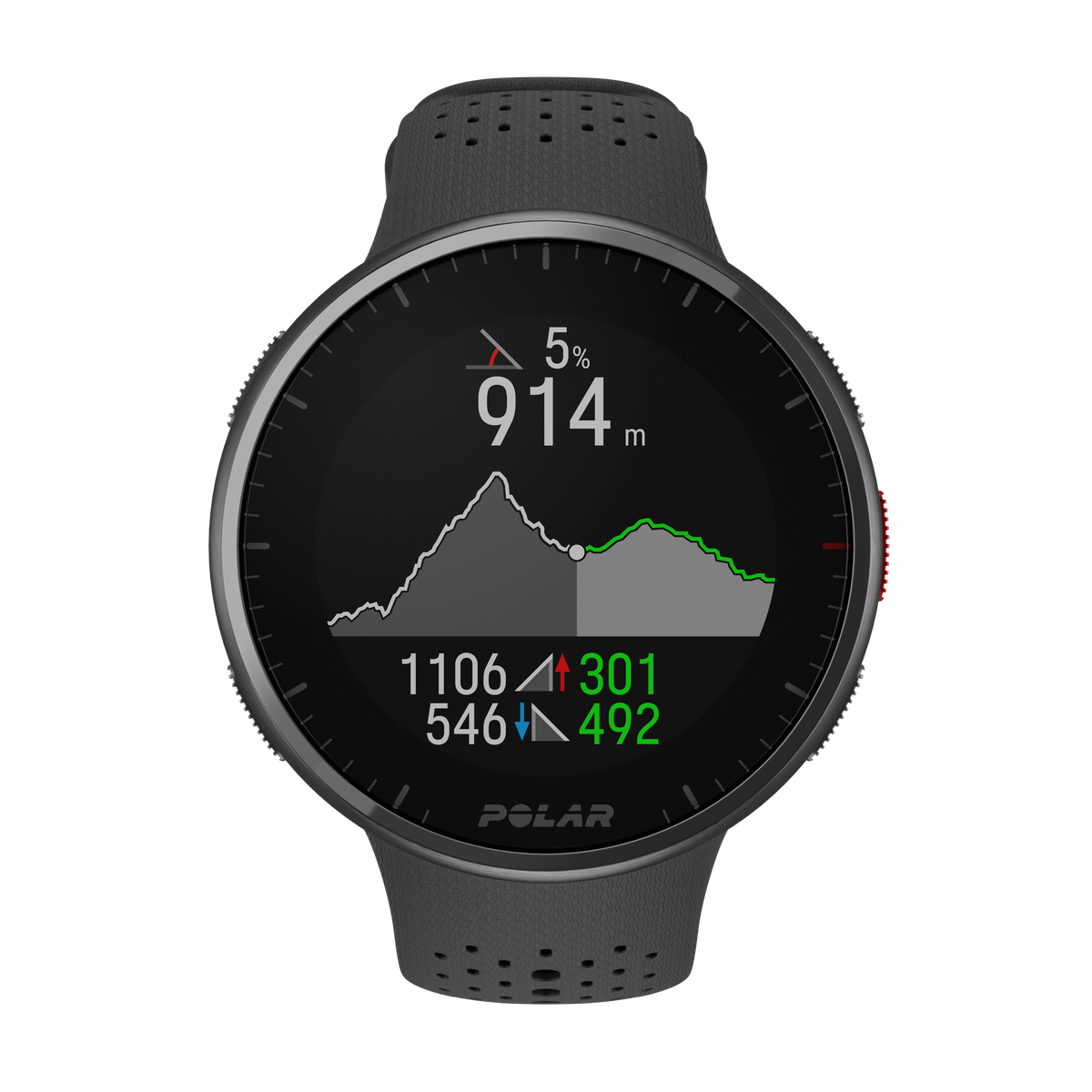 Orologio sportivo Polar: Nero con un grafico che mostra l'altitudine, la percentuale e i dati.